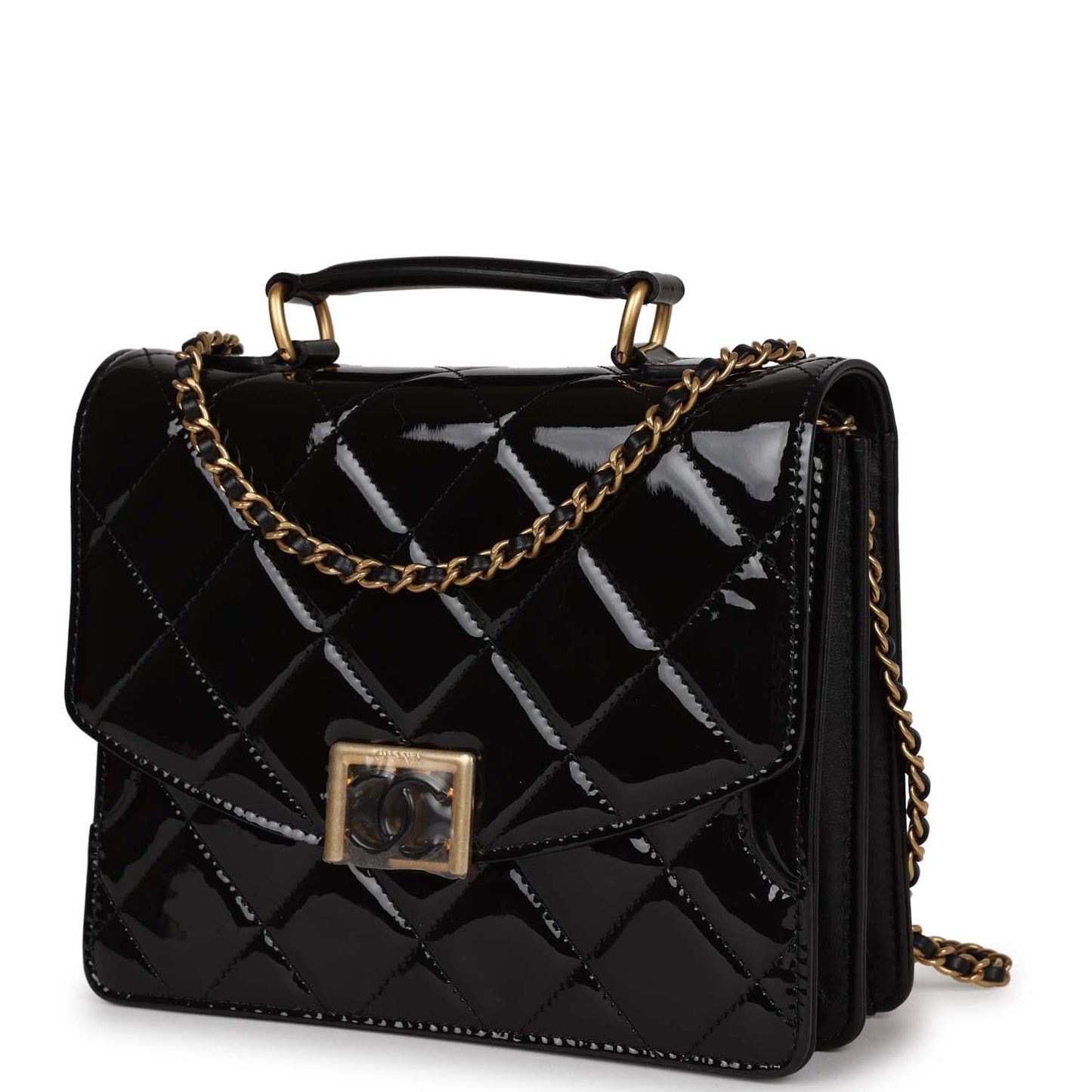 Chanel Accordion Pushlock Top Handle Flap Bag Black Patent Leather Aged Gold Hardware