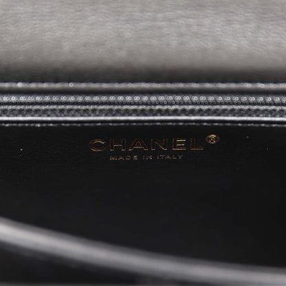 Chanel Accordion Pushlock Top Handle Flap Bag Black Patent Leather Aged Gold Hardware